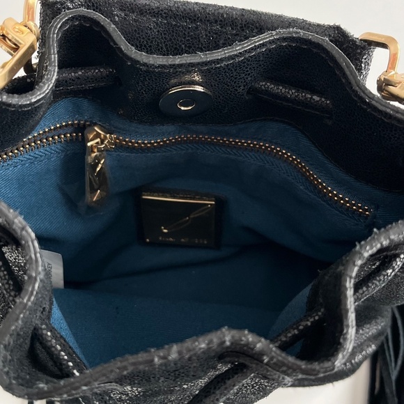 Brian Atwood Pippa Bucket Bag Black Metallic Mini Edgy Glam Western Fringe Boho - Picture 8 of 12